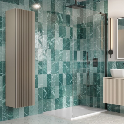 Product lifestyle image of crosswater limit warm stone wall hung tower unit close up showing shelving and door  grey marble tiled bathroom lm3516fwsan